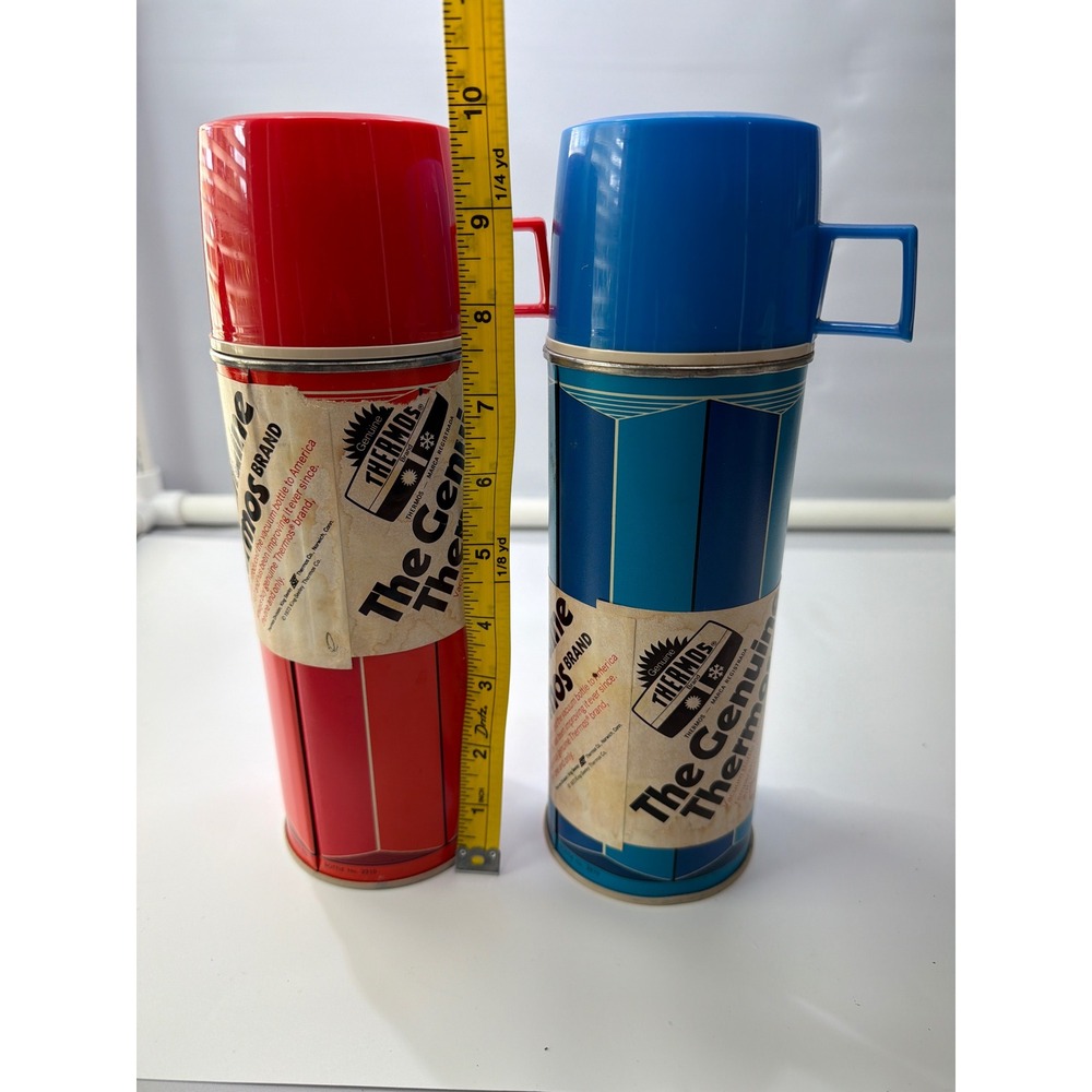Vintage 1974 King-Seeley Thermos Set Red Blue Vacuum Bottles 10in Pair - Picture 9 of 9